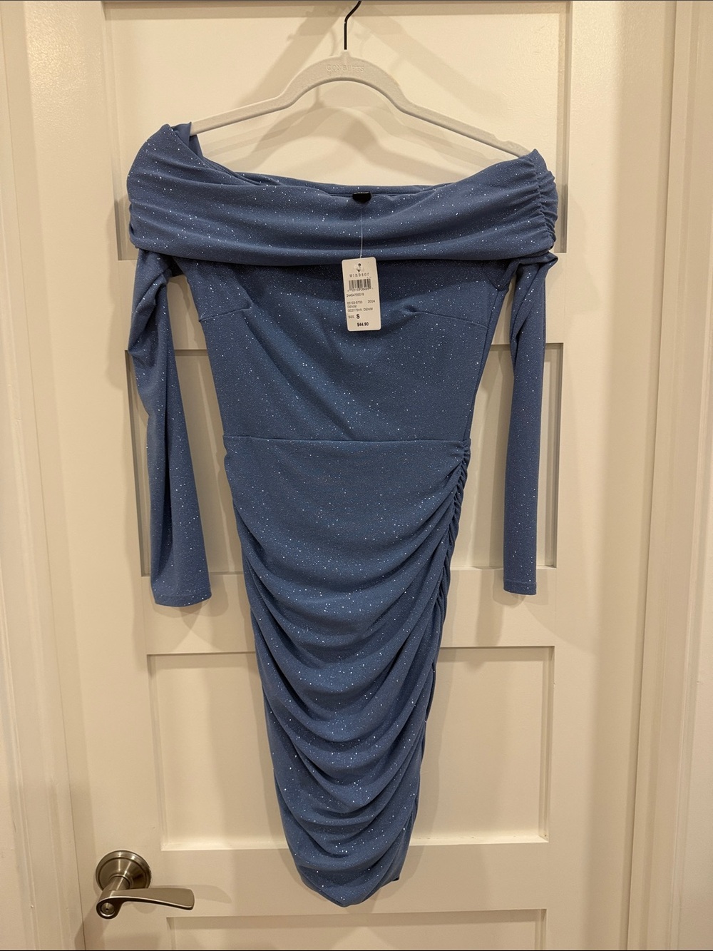 Windsor Dusty Blue Off-the-Shoulder Sparkle Midi Dress